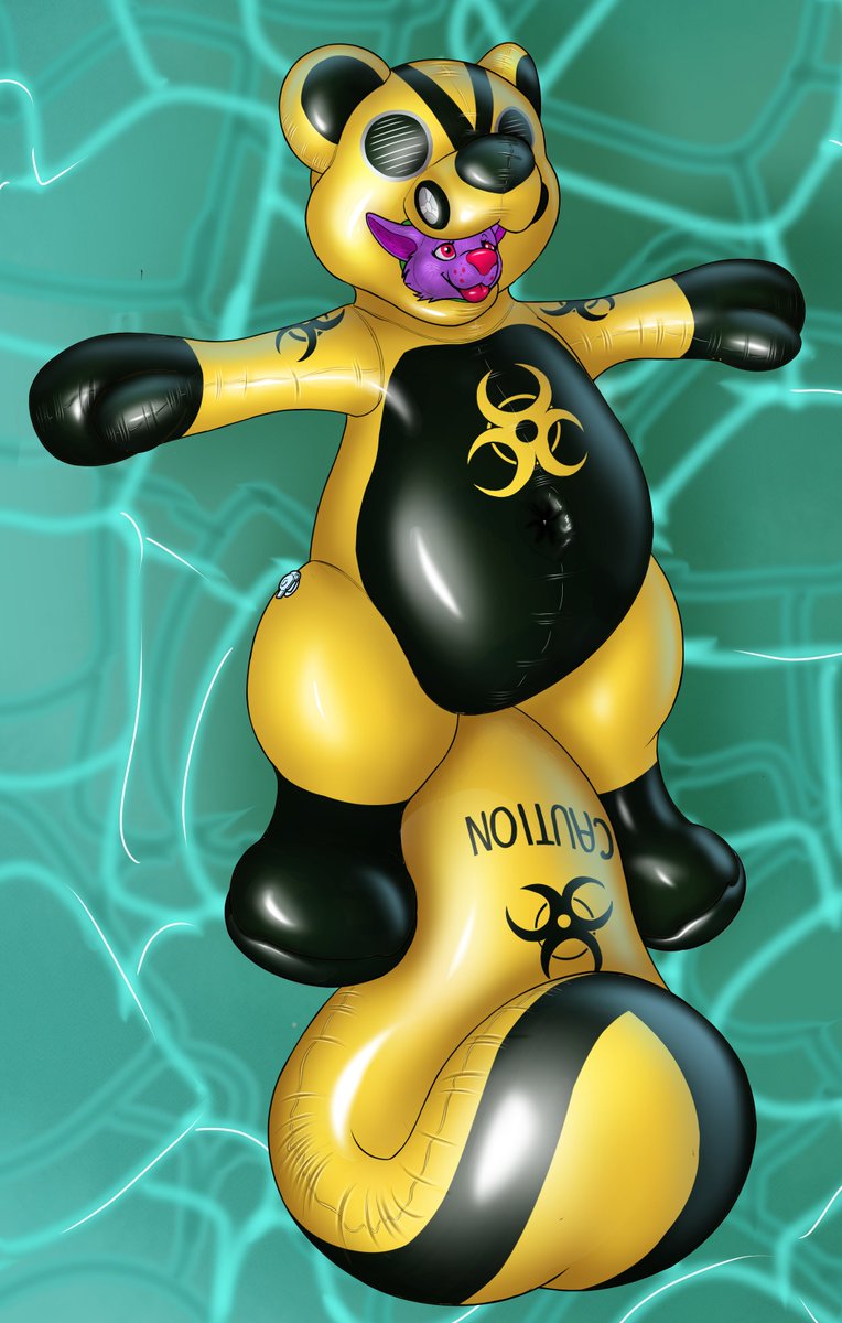 Squeakytoy_1's tweet photo. I went to a pool party but before i could react i was pounced on and stuffed into kink gear and this inflatable suit so that they have a toy in the pool but to also tesse and embarase me~ especially the giant biohazard belly presses right down on my bulge. 

Amazing 🎨: @Br0ughy https://t.co/NjnVJkF0EV