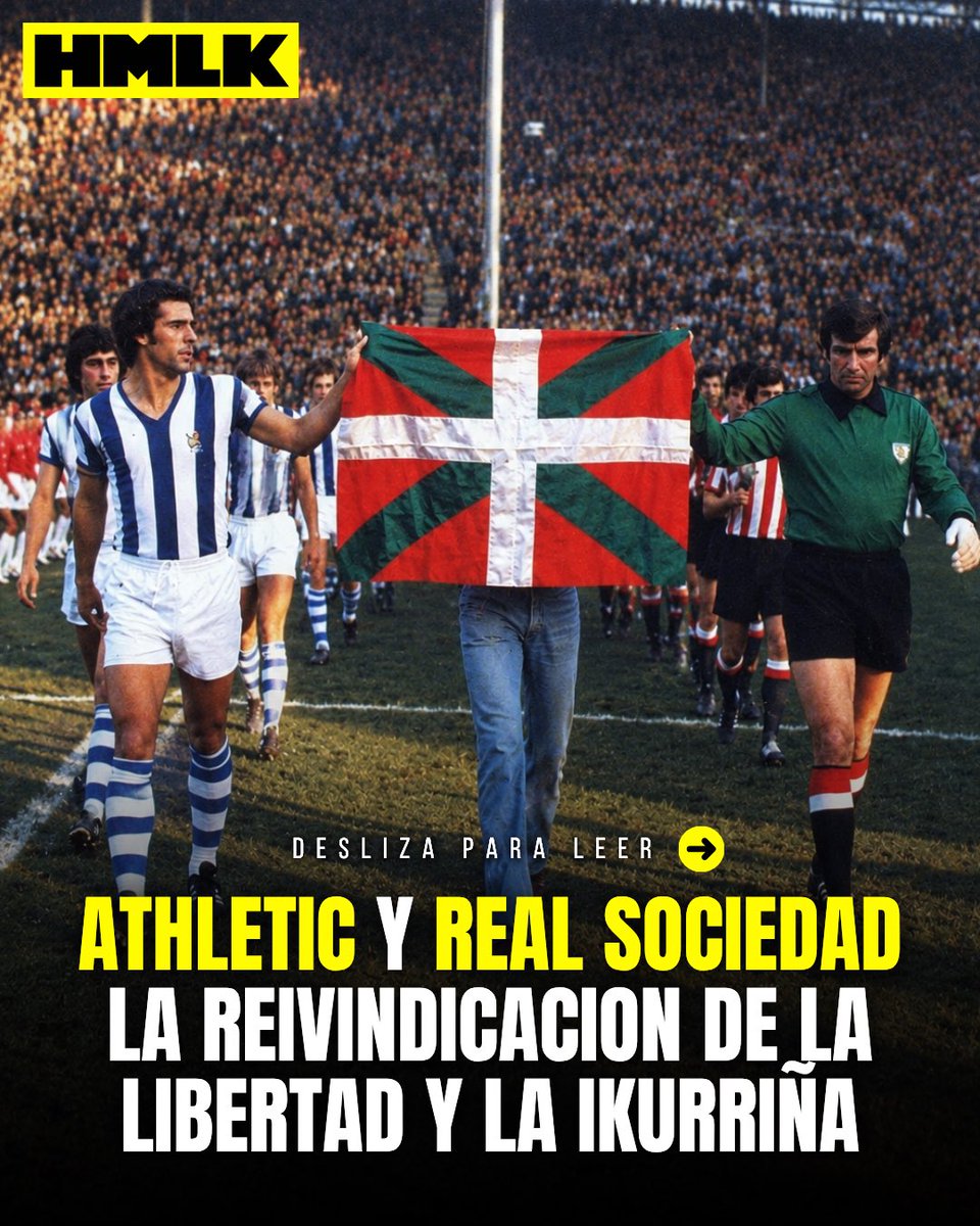 Harmailek's tweet photo. ✊🏻 El 5 de diciembre del ‘76 ha pasado a la historia como un movimiento valiente por parte de futbolistas. La Real Sociedad y el Athletic, comandados por Korta e Iribar, exigieron la legalidad de la ikurriña como seña de identidad del pueblo euskaldun

👇🏻 Te lo cuento en el hilo https://t.co/ujKe4EZYx9