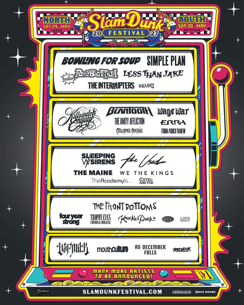 stereoboard's tweet photo. NEW // The first wave of @SlamDunkMusic Festival acts is here, with @bfsrocks and @simpleplan topping the bill at the North and South editions, plus @kseofficial, @SWStheband, @TheFrontBottoms and LOADS more.

Grab your tickets from 10am Monday  🚀  https://t.co/IKjh7QZCpl https://t.co/khXxFX6otO
