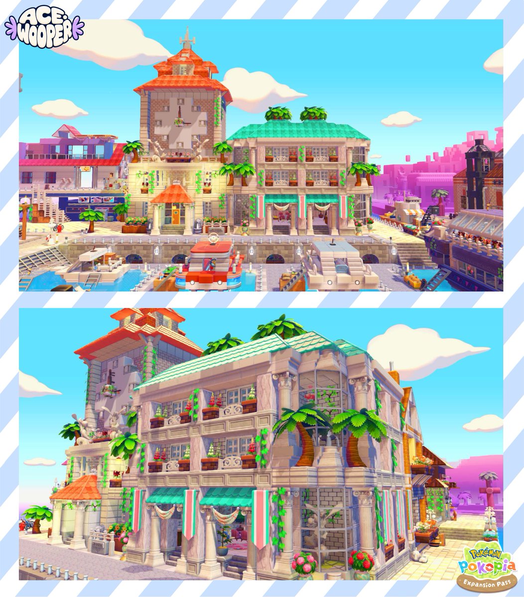 AceWooper's tweet photo. I expanded the Waterfront in Bleak Beach 🌴   

I added a Coastal Maintenance Station 🏗️ a Town Hall/Clock Tower 🏛️ a Seaside Restaurant 🍽️

Inspirations from these amazing creators:
@mayu_mori25 + @May_orangeto + @kuroi_wioru 

#Pokemon #Pokopia #PokopiaBuild #PokopiaDLC https://t.co/Hwh2sW3GlG