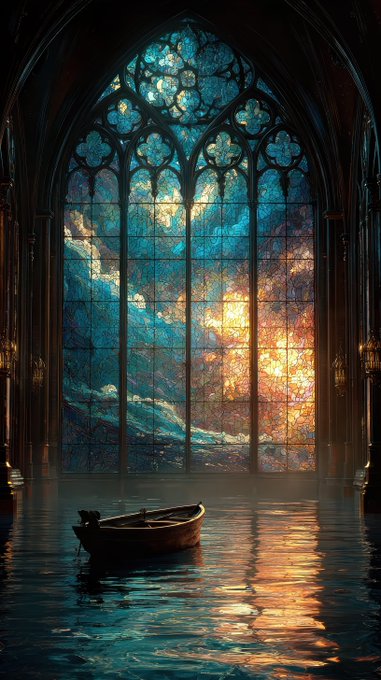 A small wooden boat floats on calm water inside a grand cathedral-like space, illuminated by a massive Gothic stained-glass window showing a swirling sunset and clouds in blue, orange, and pink hues.