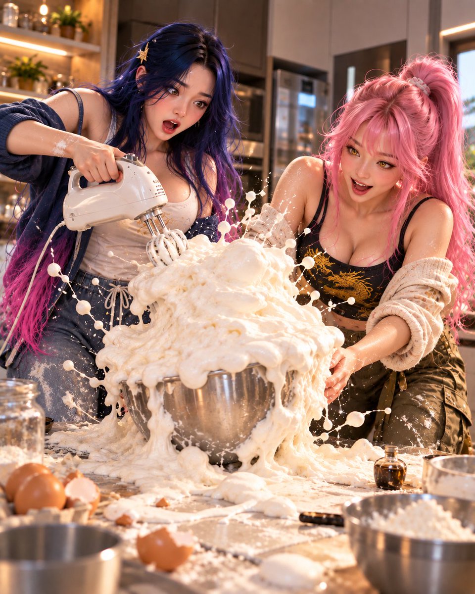 AikoLinLab's tweet photo. 🧪 EXPERIMENT #166

💙 Aiko: “Mei… WHY IS IT STILL GROWING?!”

💗 Mei: “TURN OFF THE MIXER!”

💙 Aiko: “I’M TRYING! I CAN’T FIND IT UNDER THE MOUSSE!” 🥣💥😂

#AikosLab #AikoLin #MeiChen #AikoWorld #AIArt #Comedy https://t.co/M3dRlrEZGz