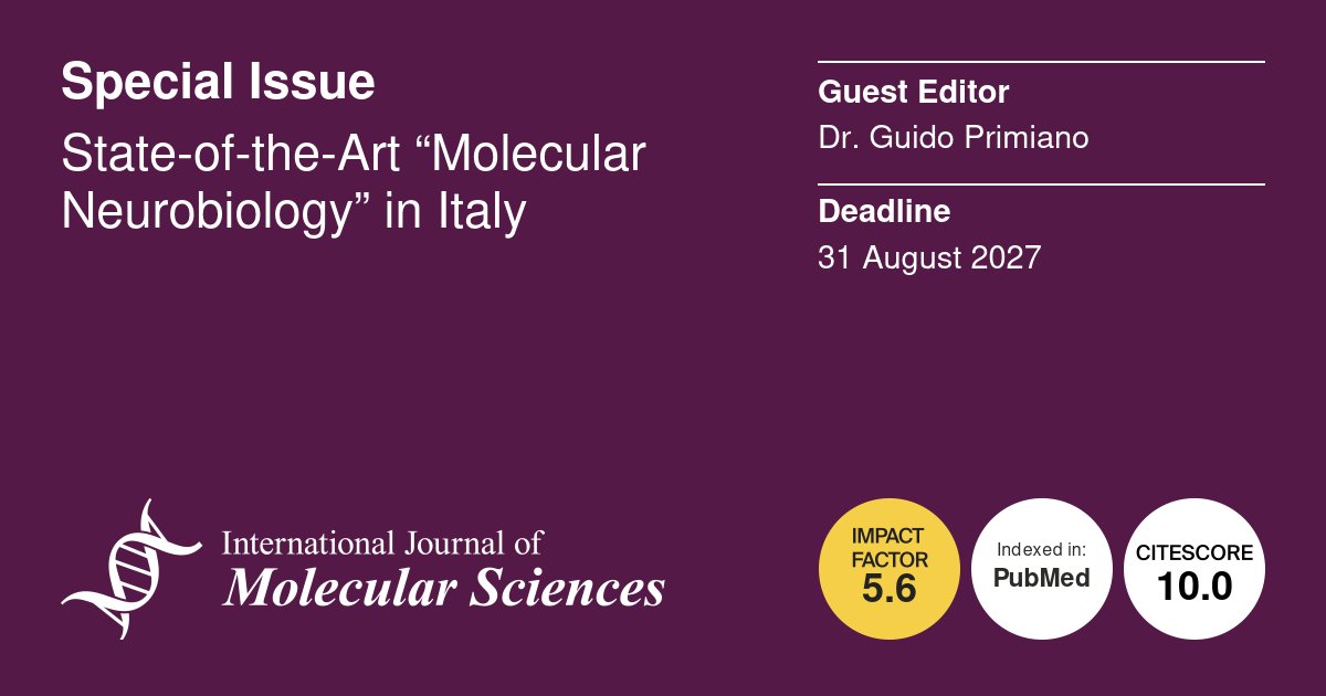 IJMS_MDPI's tweet photo. ✨#callforpapers✨

📖State-of-the-Art “Molecular Neurobiology” in Italy

🧑‍🔬Guest Editor: Dr. Guido Primiano
⏰Submission Deadline: 31 August 2027
🔗Find out more: https://t.co/oLHCHn7ai9

#mdpiijms #openaccess #neurodegeneration #neuroinflammation #neuroscience https://t.co/uLcoB58VY5