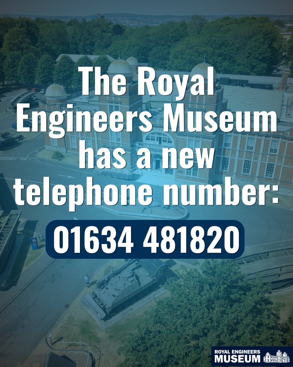 REMuseum's tweet photo. Please note our new telephone number!

If you need to get in touch with the museum, our new contact number is:

01634 481820

Be sure to update your records. We look forward to hearing from you!

#RoyalEngineersMuseum #MuseumUpdate https://t.co/LNbJOoxvww