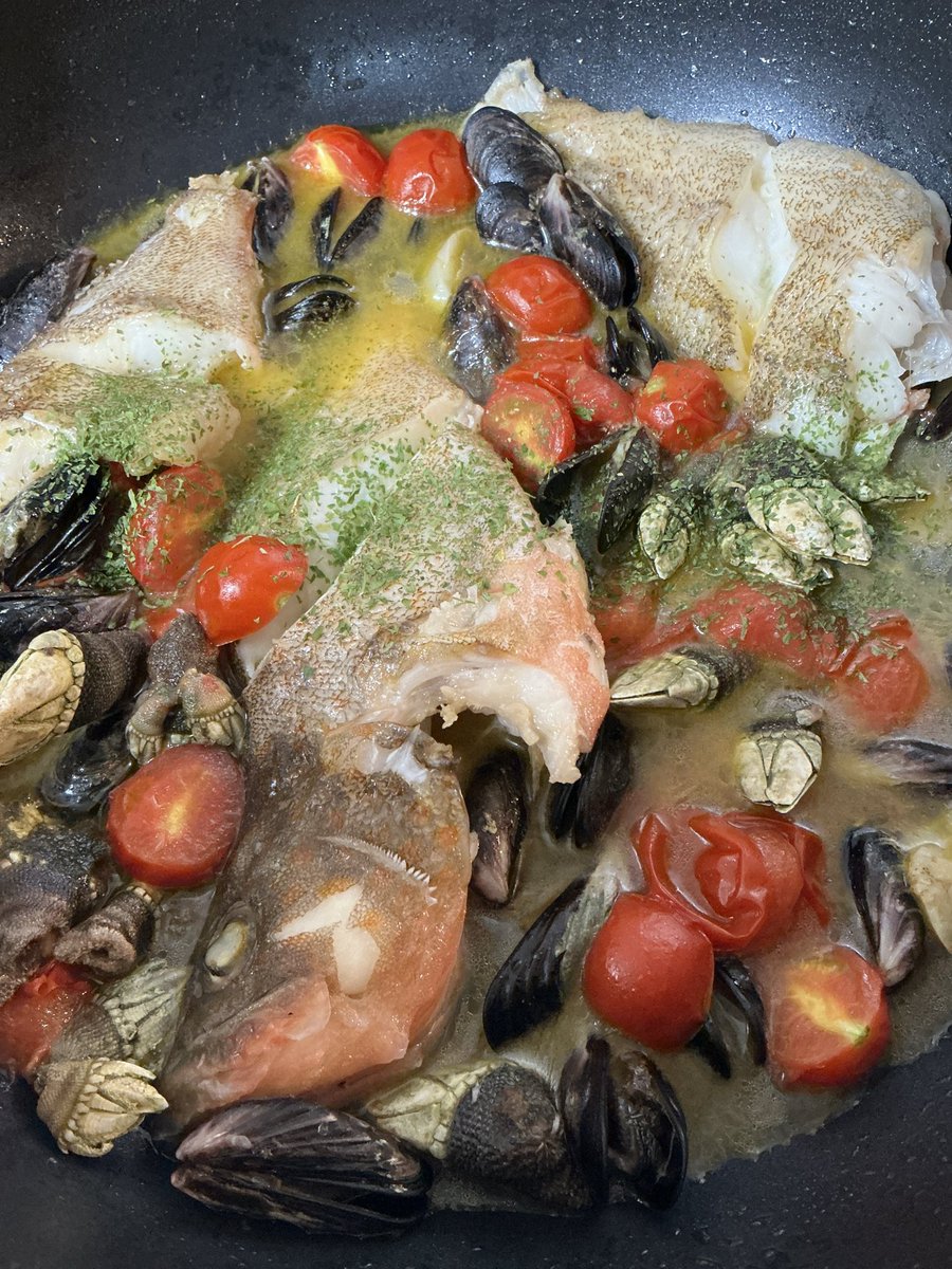 GH_Usagimaru's tweet photo. 本日の夕食🍽️
田後産⚓️アコウとカサゴ🐟イガイと亀の手のアクアパッツァ🇮🇹
こんな漁師飯体験プランもいいかも✨ https://t.co/Hbkpee3PhX