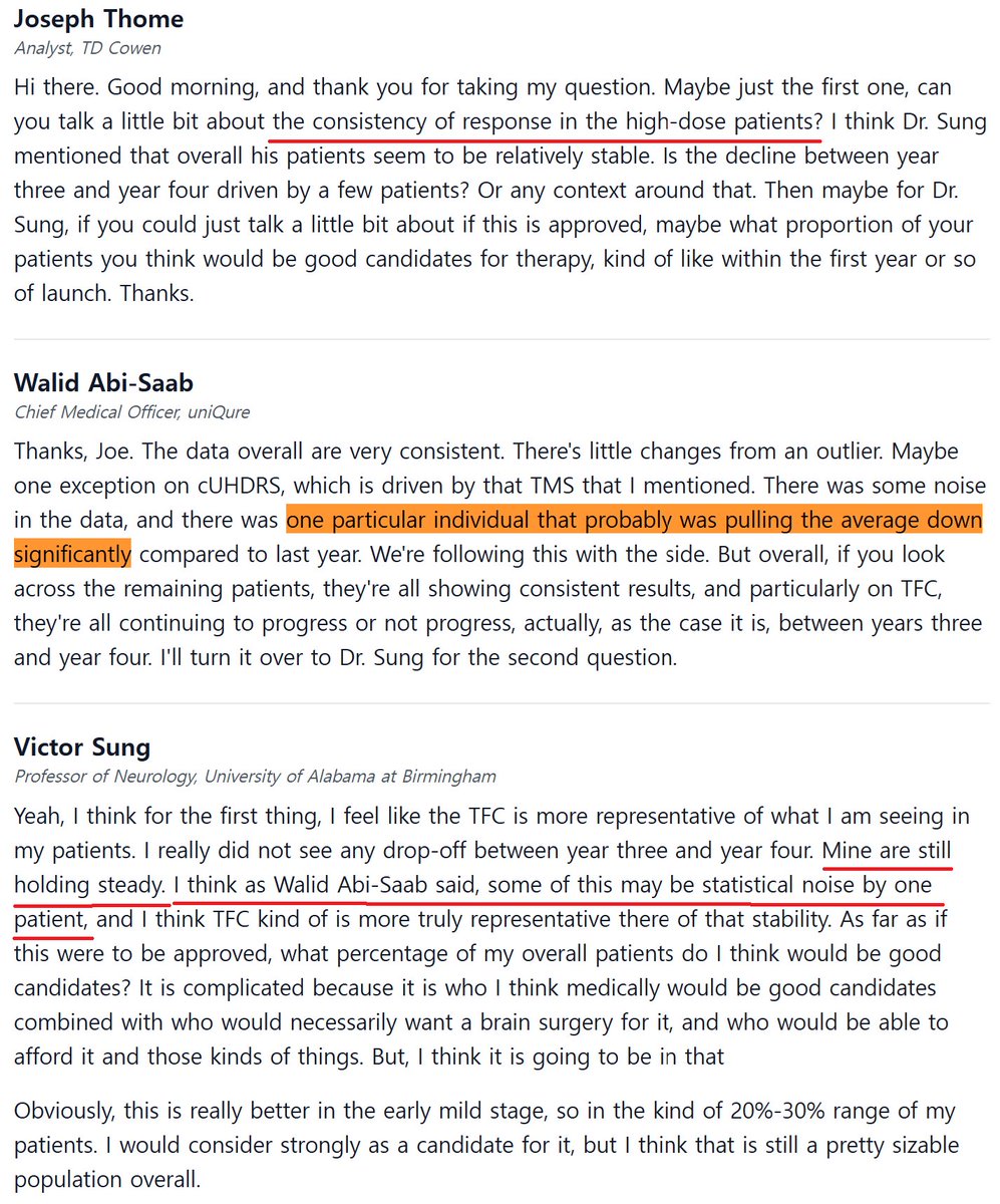 Master_SeaSeo's tweet photo. Both Walid &amp; Dr. Sung confirmed that "one outlier pulled the average down significantly." @uniQure must proactively release individual trajectories &amp; outlier-excluded sensitivity data. 

Transparency is what shareholders and HD families deserve, Matt Kapusta. $QURE https://t.co/fvTP4GrDmx