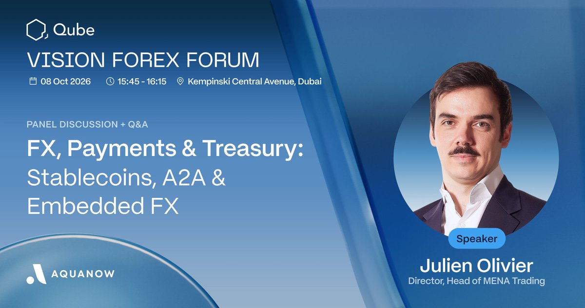 aquanow's tweet photo. Aquanow is heading to the Vision Forex Forum UAE on 8 October.

Julien Olivier will join the “FX, Payments & Treasury” panel to discuss stablecoins, alternative payment rails, liquidity and settlement at scale.

Kempinski Central Avenue Dubai
15:45–16:15

See you there!
@qubevents #Payments #Stablecoins #Aquanow