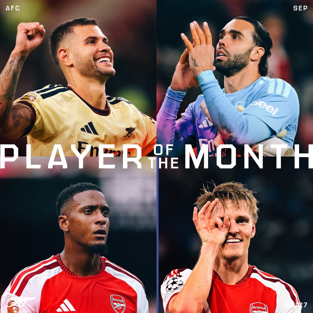 Arsenal's tweet photo. 🇳🇴 Martin Odegaard
🏴󠁧󠁢󠁥󠁮󠁧󠁿 Ezri Konsa
🇧🇷 Bruno Guimaraes
🇪🇸 David Raya

Who gets your pick for September Player of the Month 🤔