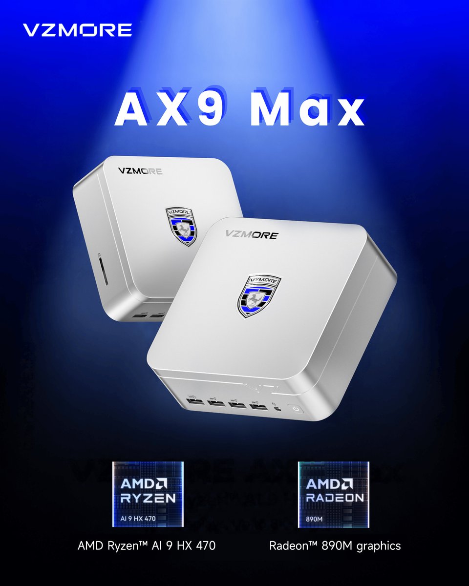 VZMORE_Official's tweet photo. What would you put the VZMORE AX9 Max to work on? 👀
Gaming? Local AI? Creative work? Or a little bit of everything?

⚡ Ryzen™ AI 9 HX 470 · 12C/24T · Up to 5.2GHz
🎮 Radeon™ 890M Graphics · Up to 3.1GHz
🧠 AI Ready · Run Local AI · AI Assistants · AI Agents
❄️ V-Cooling™ + V-Boost Pro™ · Up to 80W
🖥️ Dual USB4 · 4 Displays · Up to 8K
🌐 Dual 2.5GbE · Wi-Fi 7 · Bluetooth® 5.4
💾 Up to 64GB RAM · 5TB SSD

So, what are you putting it to work on first? 👇
Visit more🔗Link BIO
Get 15% off with code: VZGAX
----
#VZMORE #MiniPC #computer #Tech #AMD #pc #8k #pcbuild #DDR5