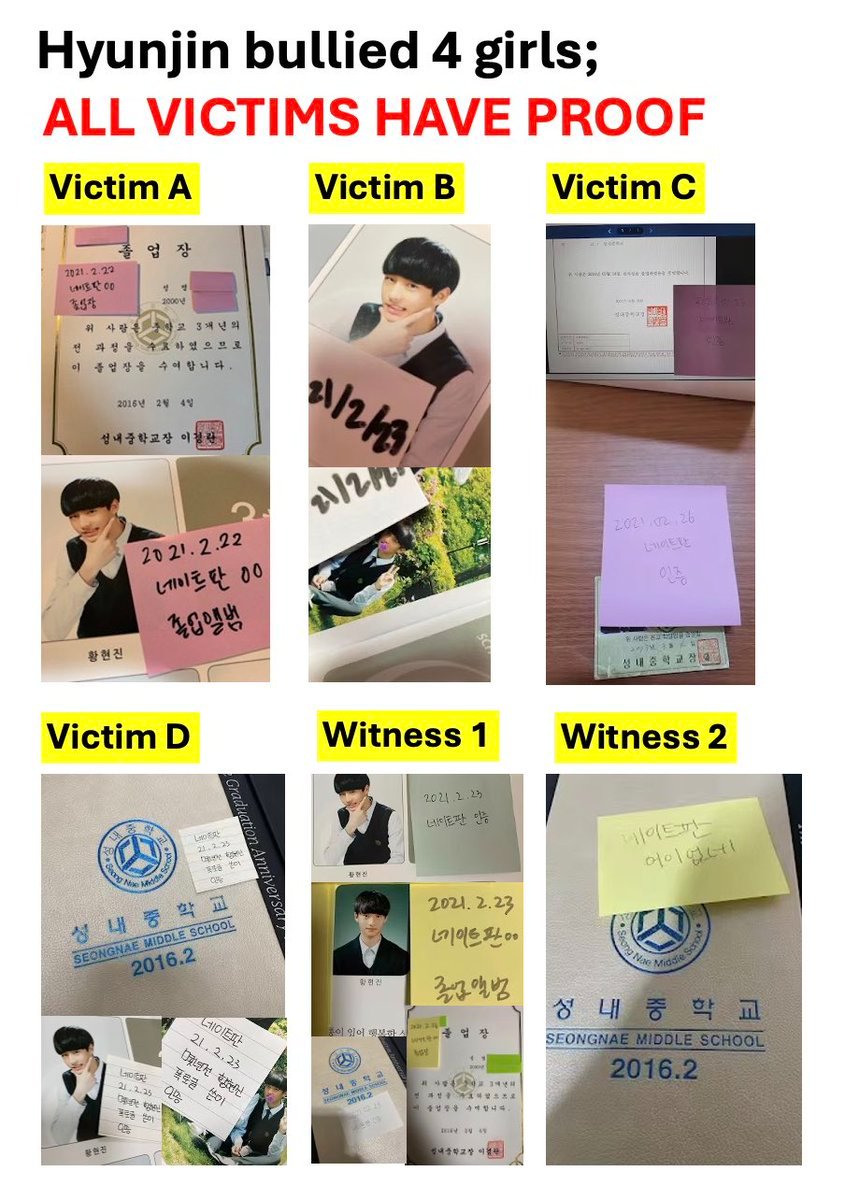 pearlytrivia's tweet photo. 🚨 hyunjin of stray kids bullied and sexually harassed four girls in his high school and they all have proof. the reason stray kids lost part of their fanbase in korea was because of his bullying scandal. 

he even admitted to this but his fans accused the victims of lying. https://t.co/oZrgttVYvk