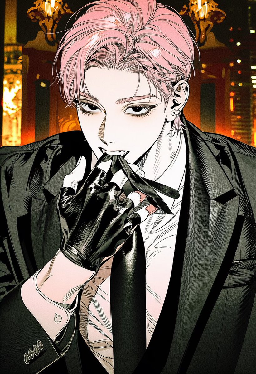 noeul_zzix's tweet photo. 네가 벗기게?,

upper body, waist-up,

4::elegant black tailored suit::,
black suit jacket, crisp white dress shirt,
slightly loosened black tie,
sharp formal styling,

5::black fingerless gloves::,
5::biting the edge of one fingerless glove with his teeth::,
4::pulling the glove off with his mouth::,
gloved hand raised near the lips,
fabric stretched slightly between teeth and fingers,
other hand relaxed,

calm confident gaze,
slightly tilted head,

dark luxurious lounge interior,
dim warm lighting, blurred city lights,
dark wood and leather furniture,

editorial fashion photography,
dramatic lighting, upper body composition,

-4::full body, gloves completely removed, winter gloves, boxing gloves::