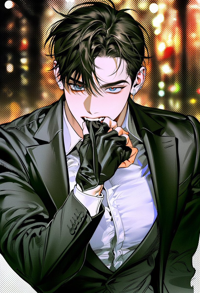noeul_zzix's tweet photo. 네가 벗기게?,

upper body, waist-up,

4::elegant black tailored suit::,
black suit jacket, crisp white dress shirt,
slightly loosened black tie,
sharp formal styling,

5::black fingerless gloves::,
5::biting the edge of one fingerless glove with his teeth::,
4::pulling the glove off with his mouth::,
gloved hand raised near the lips,
fabric stretched slightly between teeth and fingers,
other hand relaxed,

calm confident gaze,
slightly tilted head,

dark luxurious lounge interior,
dim warm lighting, blurred city lights,
dark wood and leather furniture,

editorial fashion photography,
dramatic lighting, upper body composition,

-4::full body, gloves completely removed, winter gloves, boxing gloves::
