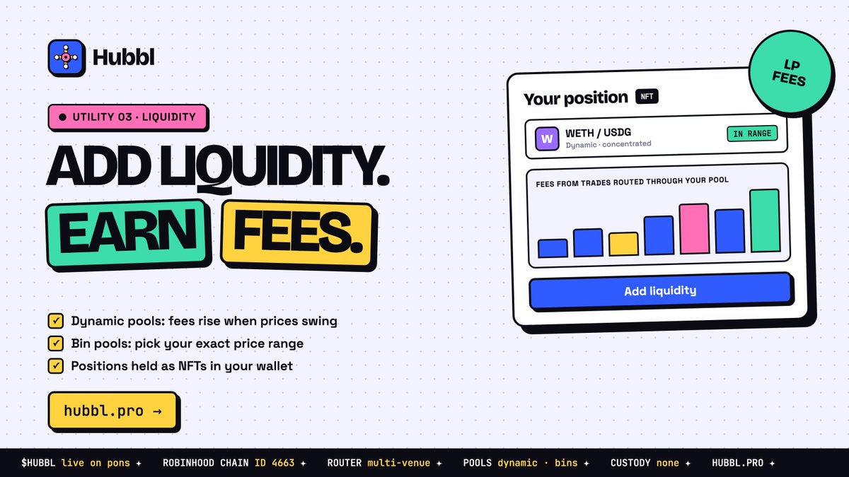 HUBBLPRO's tweet photo. Utility 03: don't just trade. be the pool

Add liquidity on hubbl and earn fees from every trade the router sends your way

 $HUBBL | https://t.co/8lwiZ3NCxe https://t.co/2mIwviCPwJ