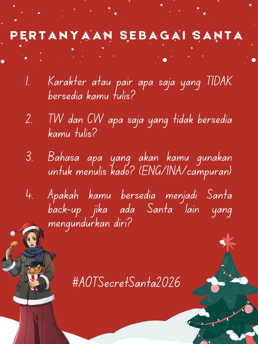 aotsecretsanta's tweet photo. [PRE-REGISTRASI PESERTA]

Untuk mempersiapkan diri kalian sebelum masuk Fase Registrasi, admin mau spill pertanyaan-pertanyaan yang akan muncul di form registrasi nih~ Pikirkan baik-baik jawabannya yaa 🙌

#AOTSecretSanta2026
#AttackOnTitan https://t.co/biXUKjsRHq