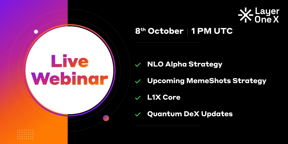 LayerOneX's tweet photo. Update: we are moving the live session to 8 October, 1 PM UTC.

A few product updates are landing over the next week, and we would rather show them live than talk about them. Same agenda, one week later.

NLO Alpha Strategy, the upcoming MemeShots Strategy, L1X Core and Quantum DeX updates.

The link drops a few hours before. See you on the 8th.