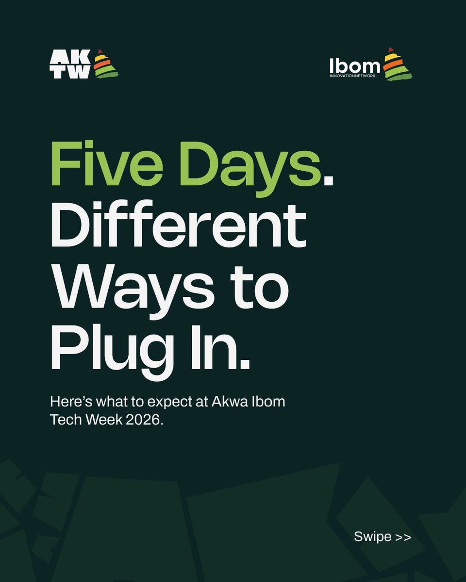 IbomTechWeek's tweet photo. Five days. Countless opportunities to connect, build, and scale.  

Here’s your full view of what’s happening at Akwa Ibom Tech Week 2026. 

Swipe through to see how the week breaks down.

Which day are you most excited for? Drop it in the comments! 👇 https://t.co/ZzL9eIhZZt