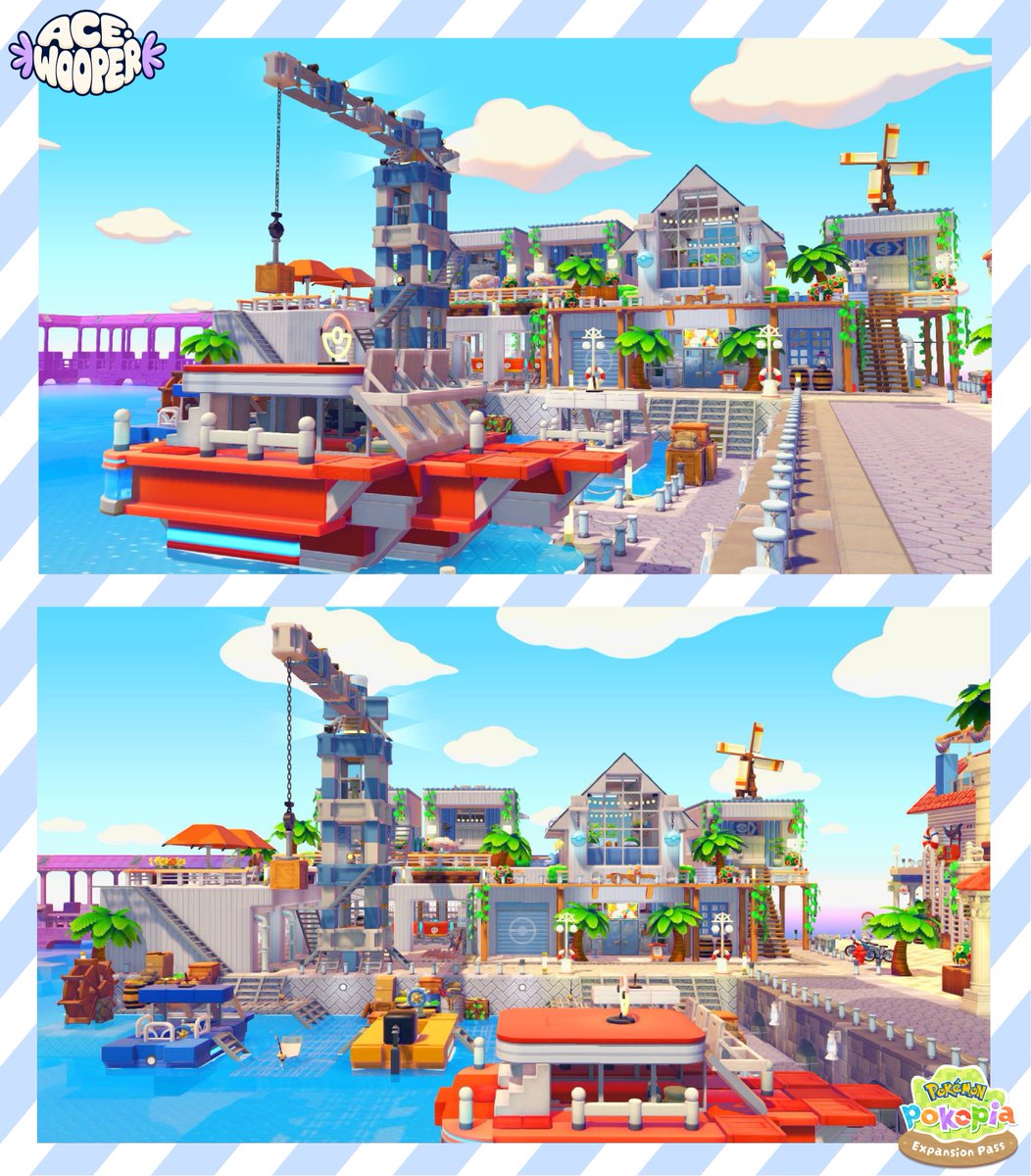 AceWooper's tweet photo. I expanded the Waterfront in Bleak Beach 🌴   

I added a Coastal Maintenance Station 🏗️ a Town Hall/Clock Tower 🏛️ a Seaside Restaurant 🍽️

Inspirations from these amazing creators:
@mayu_mori25 + @May_orangeto + @kuroi_wioru 

#Pokemon #Pokopia #PokopiaBuild #PokopiaDLC https://t.co/Hwh2sW3GlG