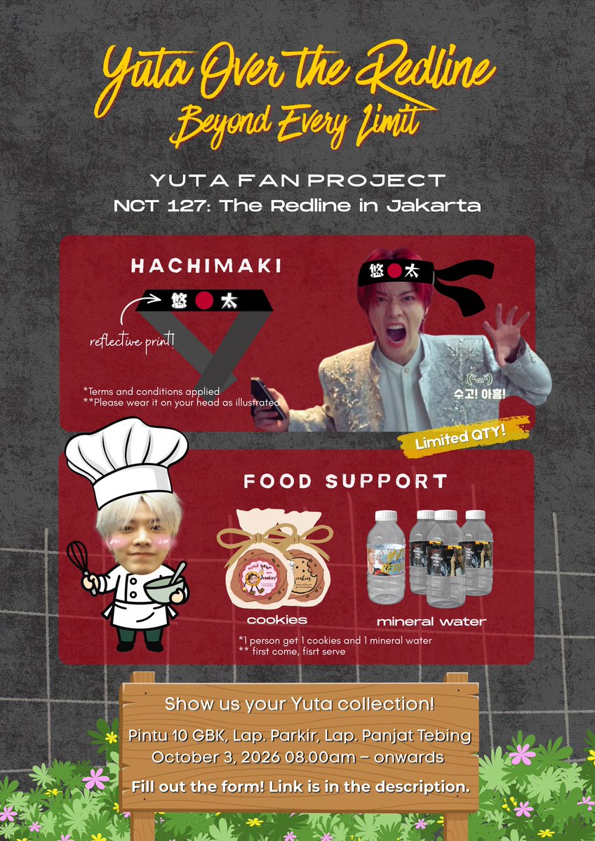 YUTAatRedline's tweet photo. 𝑶𝑽𝑬𝑹 𝑻𝑯𝑬 𝑹𝑬𝑫𝑳𝑰𝑵𝑬 𝑭𝑶𝑹 𝒀𝑼𝑻𝑨
Join our project &amp; grab the goodies!

🍪🥤 Food Support
🔴 Reflective Hachimaki [Limited]

Oct 3, 2026
🕗 08:00 AM onwards

Check the poster, and fill out the form below to claim your Hachimaki!
https://t.co/rSHRsw4FG5 https://t.co/cLcxAXY4aj