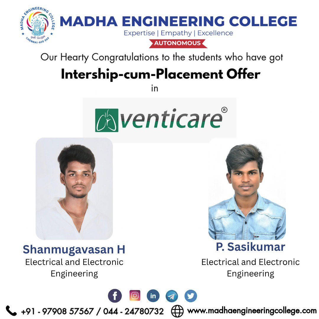 madhaengcollege's tweet photo. 🎉 Internship-cum-Placement Achievement! 🎉
#madhaengineeringcollege #MEC #Internship #Placement #InternshipCumPlacement #EEE #ElectricalAndElectronicsEngineering #StudentAchievement #CampusPlacement #CareerSuccess #ProudMoment #EngineeringStudents #Venticare #Congratulations https://t.co/o08vkNOKs6