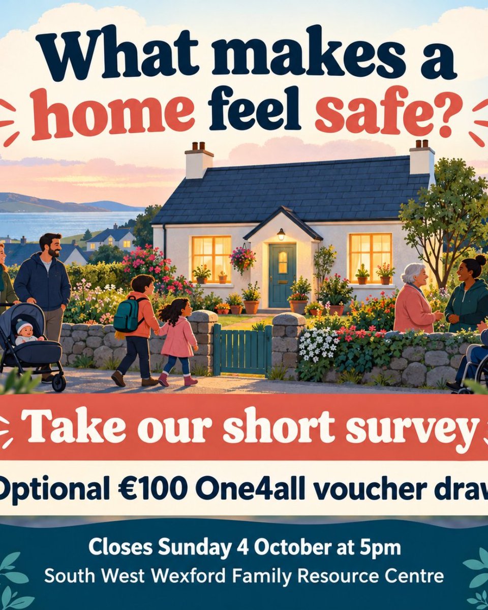 SWWFRC's tweet photo. 🏠 What makes a home feel safe? Take our short community survey and help shape a new animated film.  Adults 18+ can also enter an optional draw for a €100 One4all voucher.  Closes Sunday 4 October at 5pm: https://t.co/nStFAXF118 https://t.co/me15k9AfiB