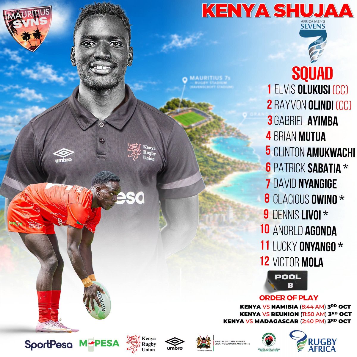 ScrumShutter's tweet photo. Shujaa bound for Mauritius 🇲🇺

Coach Kevin Wambua names 12-man squad for Africa Men’s 7s. 4 debutants in the mix of experience &amp; new talent.

All the very best to the team. 

#ScrumShutter #RugbyKE #Africa7s https://t.co/GTVyUDQ5kx