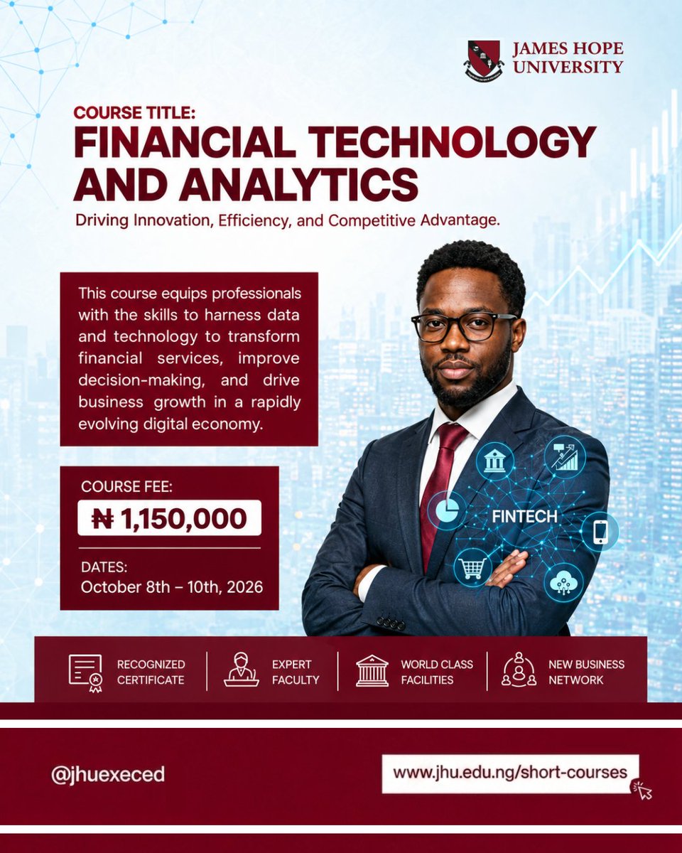 TheJHUniversity's tweet photo. 𝗔 𝗙𝗘𝗪 𝗦𝗘𝗔𝗧𝗦. 𝗢𝗡𝗘 𝗖𝗥𝗜𝗧𝗜𝗖𝗔𝗟 𝗔𝗗𝗩𝗔𝗡𝗧𝗔𝗚𝗘.

Are you ready to turn technology, analytics and data into strategic advantage?

📍Register today: https://t.co/a5fIEY0vop

#Education #Fintech #AI #Nigeria #Lagos #Lekki https://t.co/jvzWCVIAhv