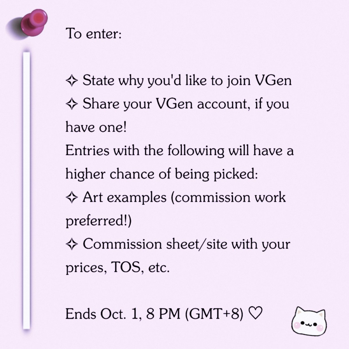 lazedmao's tweet photo. #VGEN INVITE CODE GIVEAWAY 

hello y'alls! to celebrate the start of a new month tomorrow, I'm giving away my remaining VGen invite code to an artist who'd like to give VGen a try! 🩷

this time, there are a few requirements to enter—plz check the image!

#vgencode #vgengiveaway https://t.co/qBDZKFmdTk