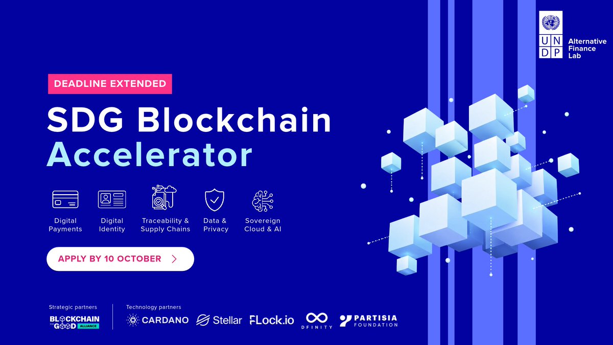 UNDP_AltFinLab's tweet photo. 📢 For UN Teams Only, Deadline extended to 10 October!

UN teams with active programmes and implementation challenges still have time to apply to the #SDGBlockchainAccelerator.

Technical support, ecosystem access and catalytic funding pathways are part of it.

Apply: https://t.co/BVoxqHGjPF

*** 
The SDG Blockchain Accelerator is led by @UNDP_AltFinLab in strategic partnership with the @ChainforGood, alongside the @Cardano_CF, @dfinity, @flock_io, @StellarOrg, and @partisiampc.