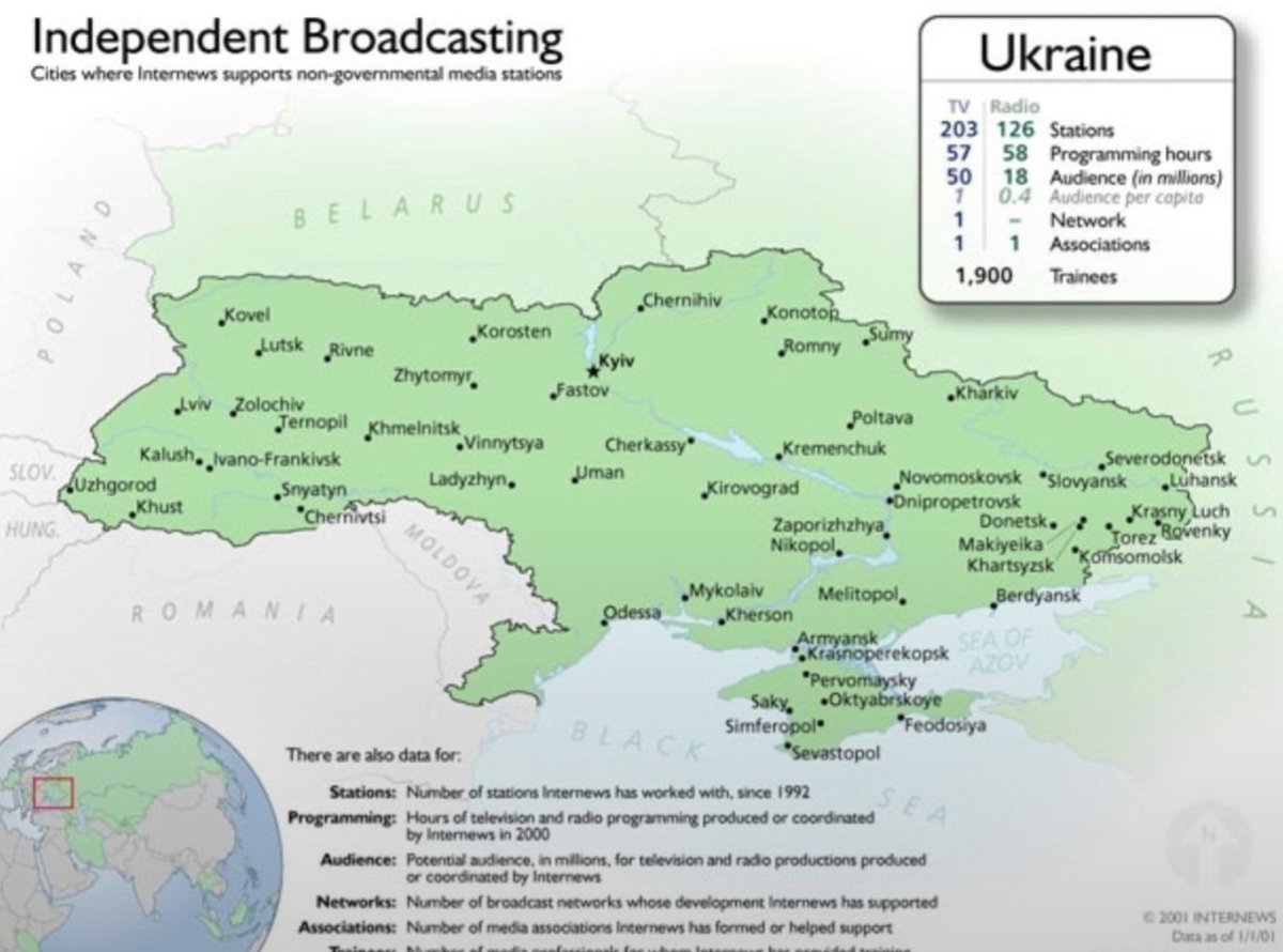 ricwe123's tweet photo. Did you know that back in 2001, USAID-backed Internews was very busy shaping Ukraine’s media landscape, training 1900 journalists and propping up 203 TV stations and 126 radio stations?

Their reach:
50 million Ukranian TV viewers and 18 Ukranian million radio listeners,all to push a pro-Western agenda, paving the way for EU expansion and NATO enlargement. 

This wasn’t "support"
This was full-scale narrative control.

"Independent Broadcasting"
😂😂😂
