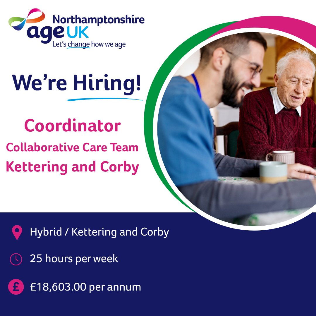 AgeUKNorthants's tweet photo. 💙 We're hiring a Collaborative Care Team #Coordinator in #Kettering &amp; #Corby! Help older people access support, stay connected and remain independent.
💷 £18,603 per annum
👉 Apply: https://t.co/C5FNiIHEfD
#WereHiring #KetteringJobs #CorbyJobs #AgeUKNorthamptonshire 💙 https://t.co/Rx19zycsaO