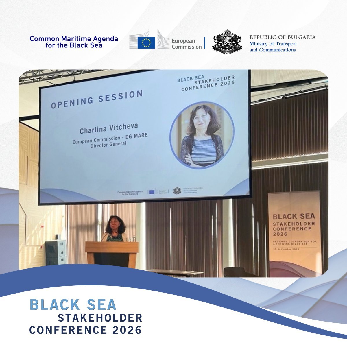WestMedStrat's tweet photo. Happening today in Bulgaria - the #BlackSea Maritime Stakeholder Conference 2026.

With opening remarks by Nadezhda Buhova( Ministry of Transport and Communications), and Charlina Vitcheva (@EU_MARE),  highlighting the importance of cooperation, innovation and collective action for the Black Sea.

Organised by our colleagues from the @EU_BlackSeaAM as part of the EU Sea Basin Strategies 

More👉https://t.co/kESsTmqqAN

#BlackSeaCMA2026 #BlueEconomy