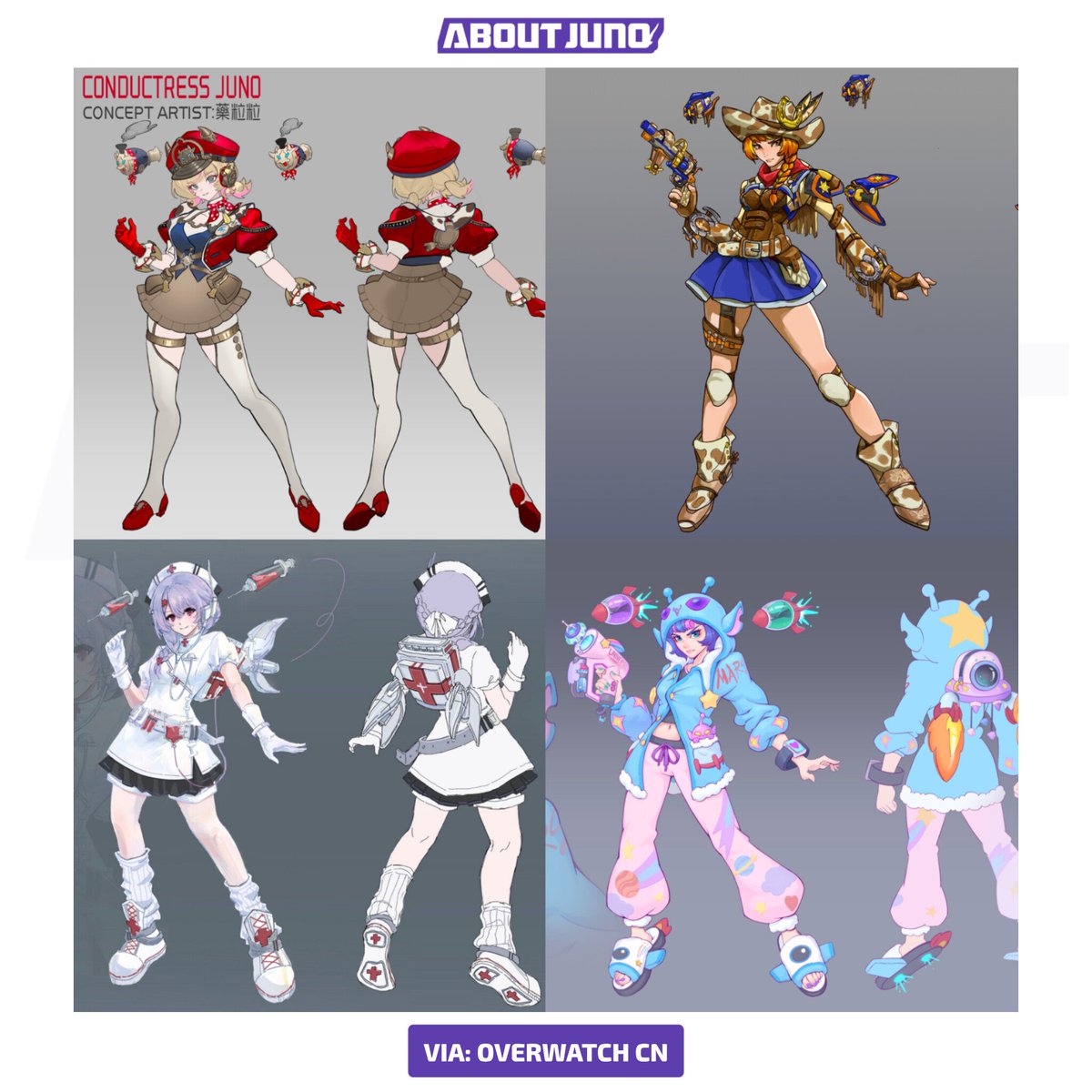 AboutJunoOW's tweet photo. Check out all the Juno Skin Concept Designs for the Second Wave of the "What If" Skin Contest, hosted by #Overwatch China 🎨

Which one is your favourite? 💭 https://t.co/gspixcQeOL