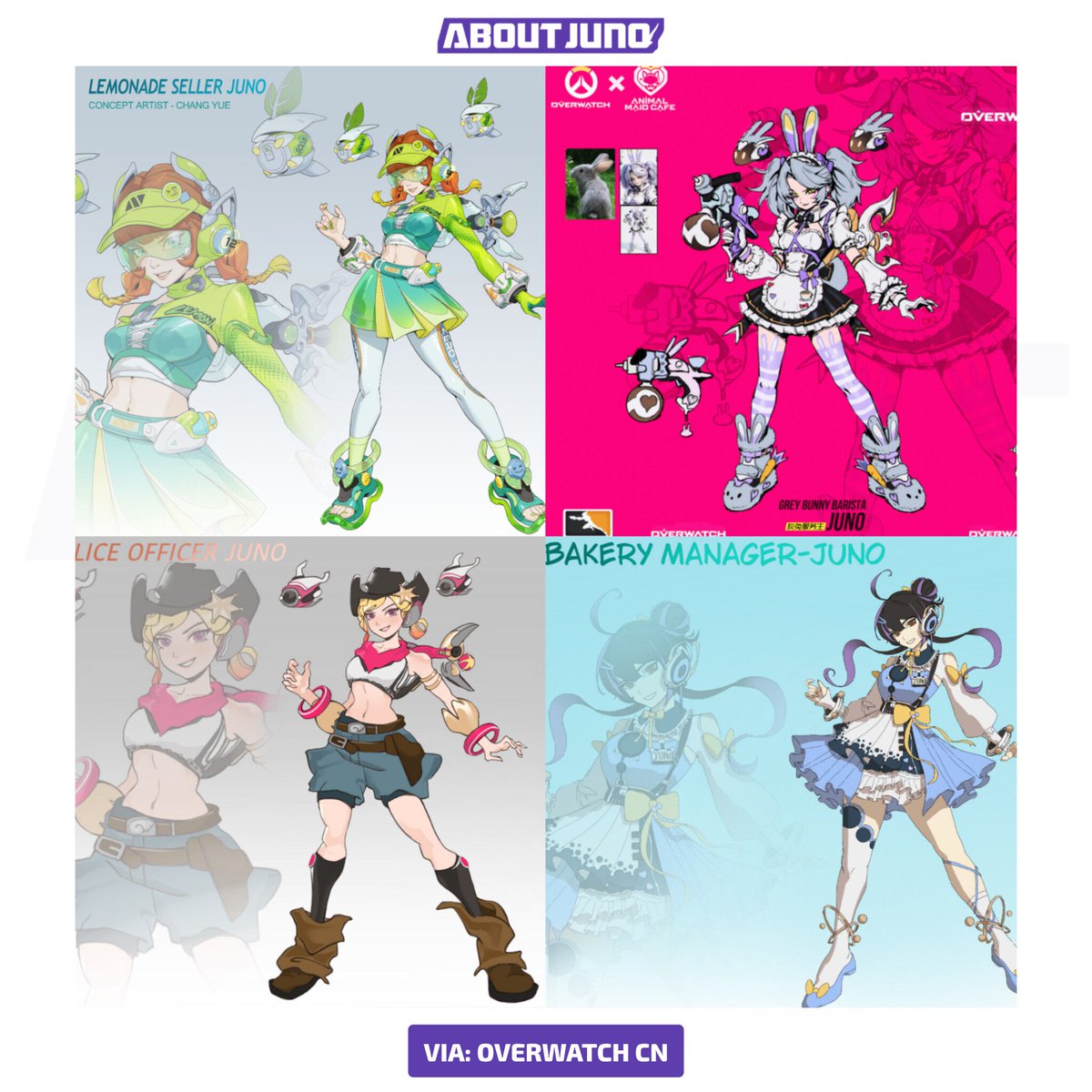 AboutJunoOW's tweet photo. Check out all the Juno Skin Concept Designs for the Second Wave of the "What If" Skin Contest, hosted by #Overwatch China 🎨

Which one is your favourite? 💭 https://t.co/gspixcQeOL