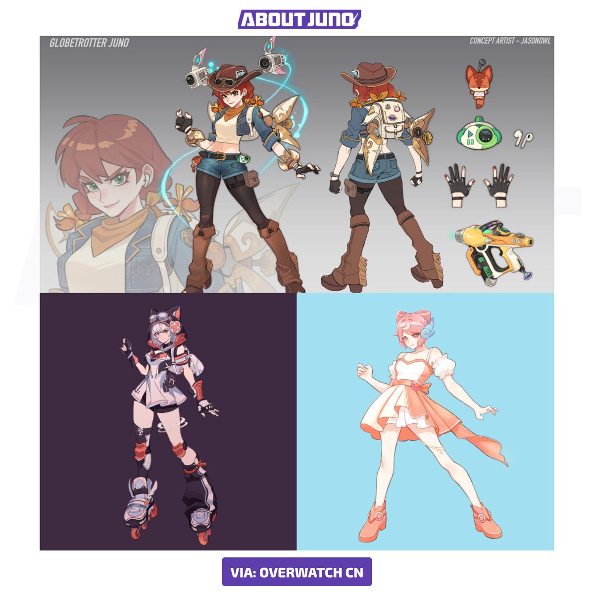 AboutJunoOW's tweet photo. Check out all the Juno Skin Concept Designs for the Second Wave of the "What If" Skin Contest, hosted by #Overwatch China 🎨

Which one is your favourite? 💭 https://t.co/gspixcQeOL