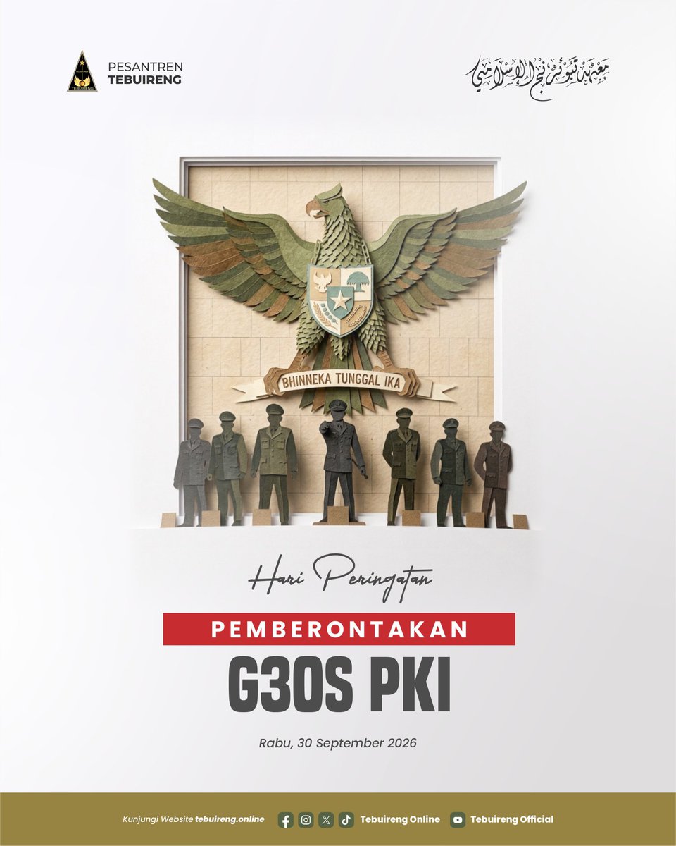 tebuirengonline's tweet photo. 30 September. Hari Peringatan Pemberontakan G30S/PKI menjadi pengingat akan sejarah kelam bangsa Indonesia. Mari mengenang para korban, mengambil pelajaran dari sejarah, serta menjaga persatuan dan keutuhan bangsa. 🇮🇩✨ https://t.co/mCeIEWhLCz