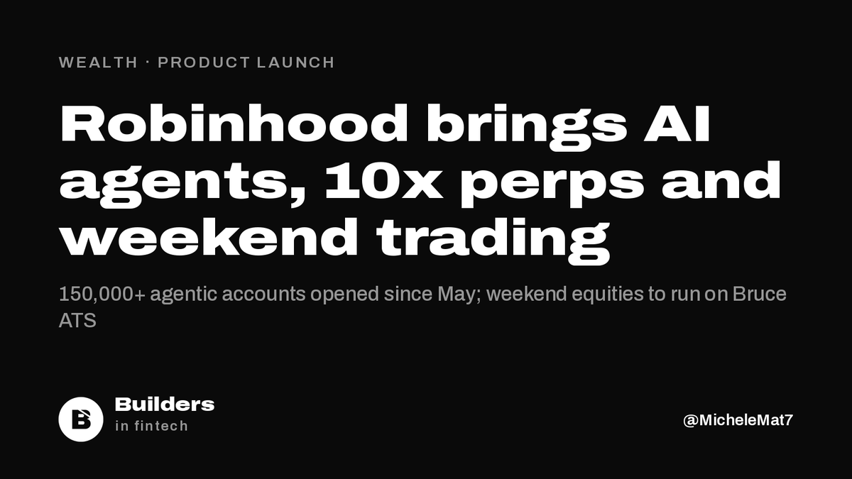 MicheleMat7's tweet photo. Robinhood unveils AI trading agents, 10x crypto perps for eligible US users and weekend stock trading.

150,000+ agentic accounts opened since May. Weekend equities will run on Bruce ATS, which also announced new strategic investments from PEAK6 and Robinhood. https://t.co/dEIV3XYXip