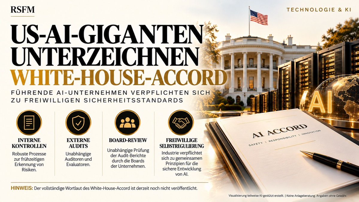 RSFM_Official's tweet photo. ◉ US-AI-GIGANTEN UNTERZEICHNEN WHITE-HOUSE-ACCORD

Im Weißen Haus entsteht gerade ein neuer Ansatz für die Regulierung von Künstlicher Intelligenz.

Führende AI-Unternehmen haben sich auf gemeinsame freiwillige Sicherheitsstandards verständigt.

Im Mittelpunkt stehen unter anderem:

→ robuste interne Risikokontrollen
→ externe Auditoren und Evaluatoren
→ unabhängige Prüfung der Audit-Berichte durch die Boards
→ gemeinsame Prinzipien für eine sichere AI-Entwicklung

Besonders interessant:

Der Ansatz setzt zunächst stark auf SELBSTREGULIERUNG statt auf ein umfangreiches neues staatliches Regelwerk.

Damit könnte sich in den USA ein grundsätzlich anderer regulatorischer Weg entwickeln:

Nicht der Staat definiert jede technische Grenze im Voraus.

Stattdessen bauen die Unternehmen eigene Kontrollsysteme auf, lassen diese extern überprüfen und müssen die Ergebnisse bis auf Board-Ebene verantworten.

Das ist für den AI-Sektor relevant.

Denn für Unternehmen wie Meta, OpenAI, Anthropic und andere große AI-Akteure entscheidet Regulierung zunehmend darüber, wie schnell neue Modelle entwickelt und ausgerollt werden können.

Zu aggressive Regulierung könnte Innovation und Investitionen bremsen.

Zu schwache Kontrolle erhöht dagegen technologische und gesellschaftliche Risiken.

Der White-House-Accord versucht offenbar, genau zwischen diesen beiden Polen einen neuen Weg zu etablieren.

Unsere Einordnung:

AI-Regulierung könnte sich damit zunehmend von klassischen Verbotskatalogen hin zu einem AUDIT- UND GOVERNANCE-MODELL entwickeln.

Das wäre strukturell bedeutend.

Denn dann wird künftig nicht nur entscheidend sein, WAS ein AI-Modell kann.

Sondern auch:

→ wie Risiken intern gemessen werden
→ wer die Systeme unabhängig überprüft
→ welche Kontrollmechanismen dokumentiert werden
→ und wer auf Vorstandsebene dafür Verantwortung trägt

Wichtig:

Der vollständige Wortlaut und sämtliche Details des Accord sind bislang noch nicht öffentlich verfügbar.

Entscheidend wird deshalb sein, welche konkreten Standards, Prüfmechanismen und Verpflichtungen tatsächlich festgeschrieben wurden.

Sollte daraus ein belastbares Framework entstehen, könnte dieser Accord zu einer wichtigen Blaupause für die nächste Phase der US-AI-Regulierung werden.

Wir beobachten insbesondere, welche Unternehmen teilnehmen und wie verbindlich die Audit-Standards am Ende tatsächlich ausgestaltet werden.

#AI #Technologie #Regulierung