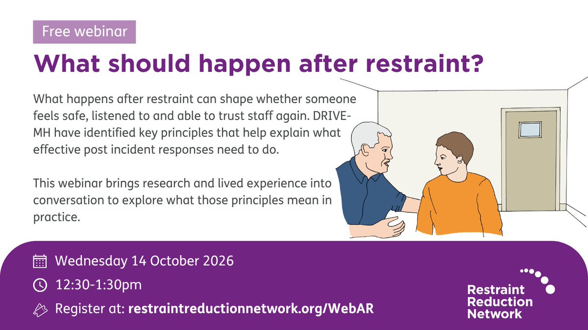 theRRNetwork's tweet photo. There are two weeks to go until the next free RRN webinar. You can register to join us on 14 Oct at 12:30pm: https://t.co/4dXx4sQg6N

DRIVE-MH have identified key principles that help explain what effective post incident responses need to do. 

#RestraintReduction https://t.co/ppEH1zrKXU