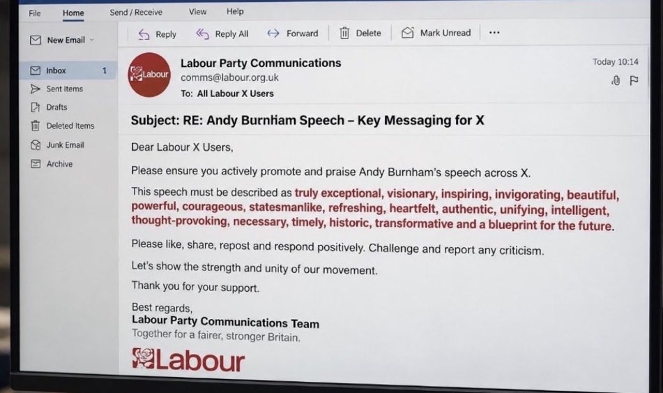 Rod__Mason's tweet photo. This is how ‘all Labour X users’ apparently ‘must’ describe Burnham’s speech!

They must also ‘challenge and *report* any criticism!’

Because of ‘unity.’ 🙄 https://t.co/4LpRtzV2HC