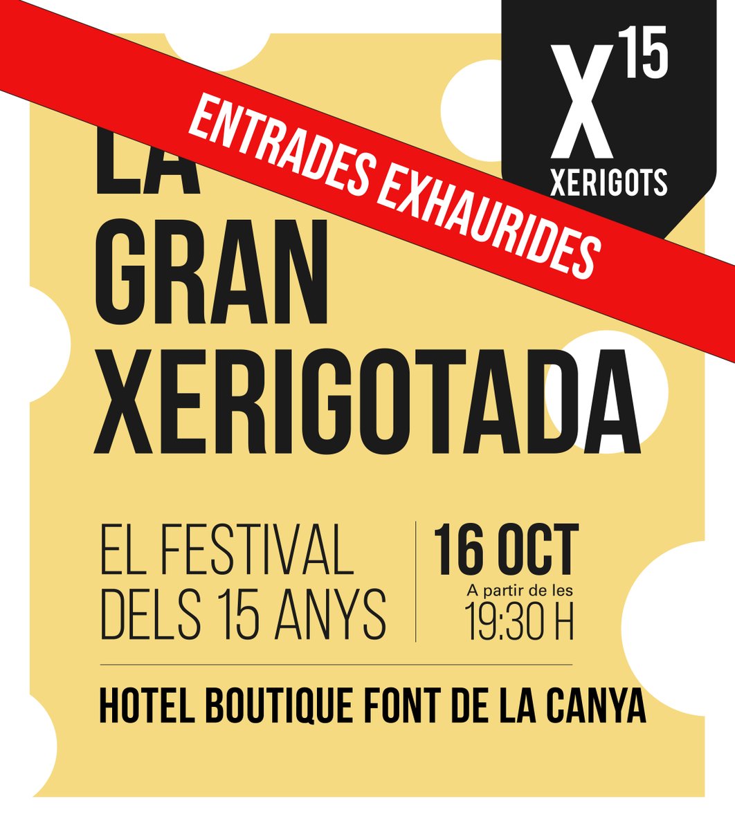 xerigots's tweet photo. No podem estar més contents: La Gran Xerigotada ja ha penjat el cartell de SOLD OUT! 🎉

Gràcies, gràcies i gràcies per fer-ho possible. 
Ara sí… compte enrere per a LA GRAN XERIGOTADA! 🧀🎉
Ens veiem el 16 d’octubre! https://t.co/iDID3CKy4G
