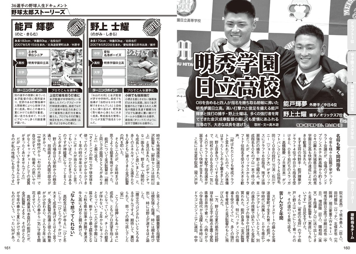 knuckleballstd's tweet photo. 野上士耀さん、合掌。
昨年のドラフト総決算号の取材記事で、明秀学園日立高・金沢成奉監督が語った言葉が印象に残っています。「腹は立つけれど、かわいいところもある子なんです。期待して、裏切られて、怒っての繰り返しでした（笑）」。
記事の最後に置かれたコメント、そして高木さんの締め方も、選手への期待感がいっそう高まる、いい終わり方でした……。
能戸選手、がんばれ、能戸選手。
