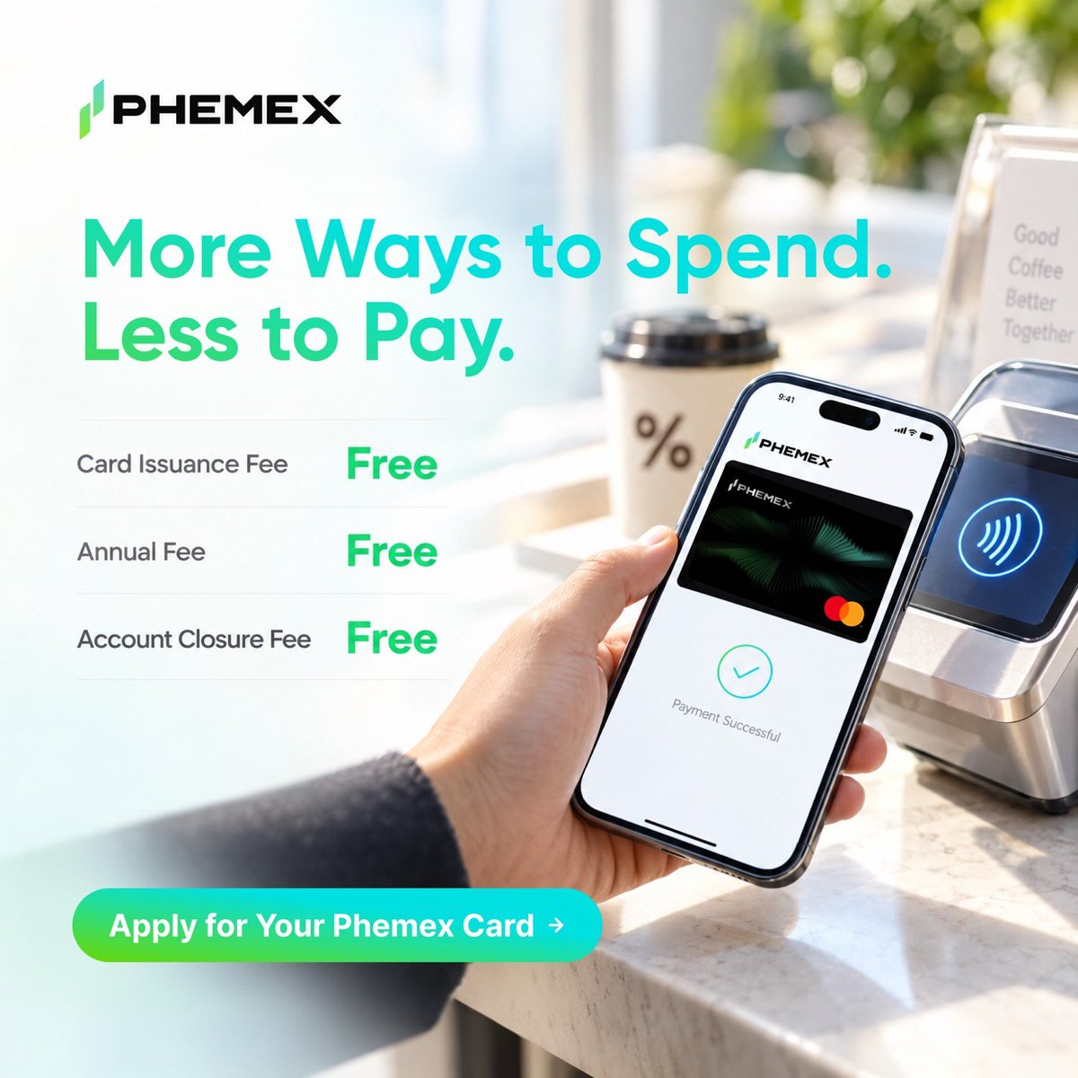 Phemex_official's tweet photo. You’re not renting this card. 

• Phemex Card: no issuance fee, no annual fee, no closure fee.
• Pay in-store with your $USDT or $USDC Spot balance.

Apply for your Phemex Card → https://t.co/xPmoWU74w2 https://t.co/q9UVW42eJm