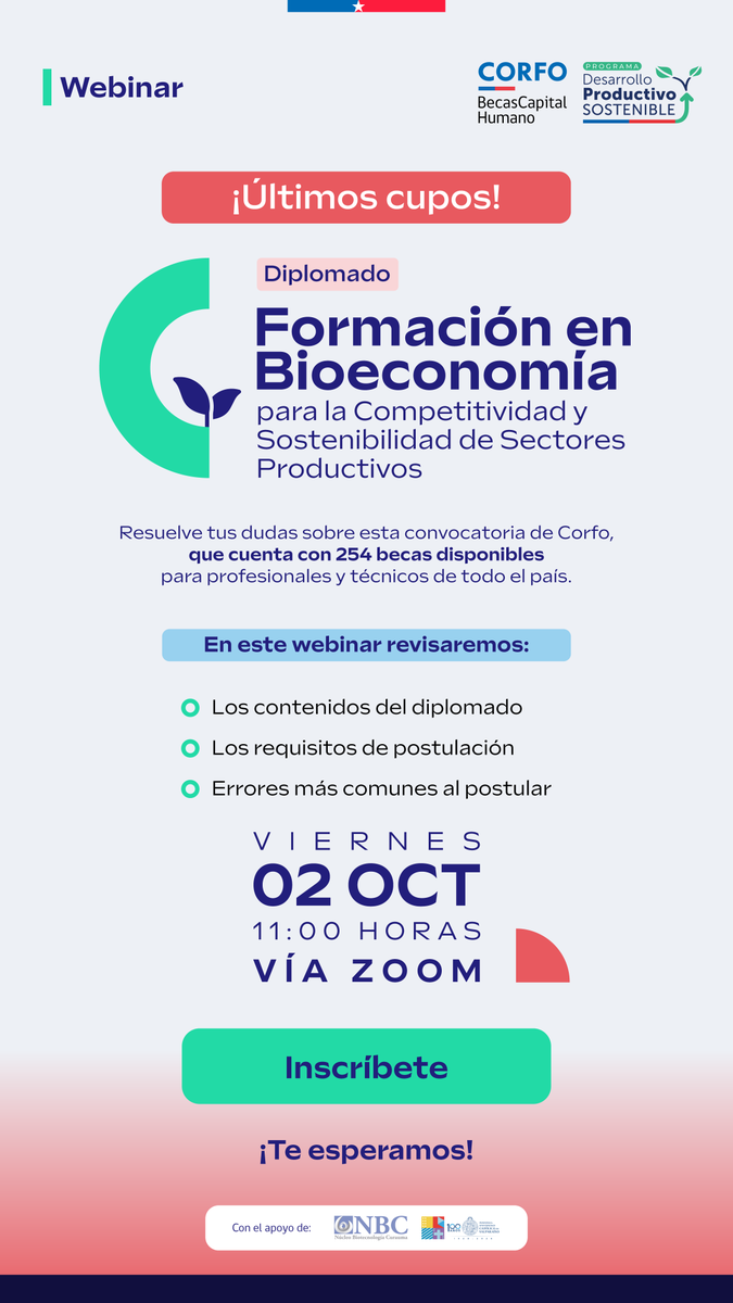 CorfoArica's tweet photo. #Arica Participa en el webinar de este viernes 2/10, 11 horas, sobre el diplomado Formación en Bioeconomía de las Becas Capital Humano de #Corfo que se transmitirá por Zoom

Inscripciones  https://t.co/vhoA3B5AlF https://t.co/OaXtXmFCRe