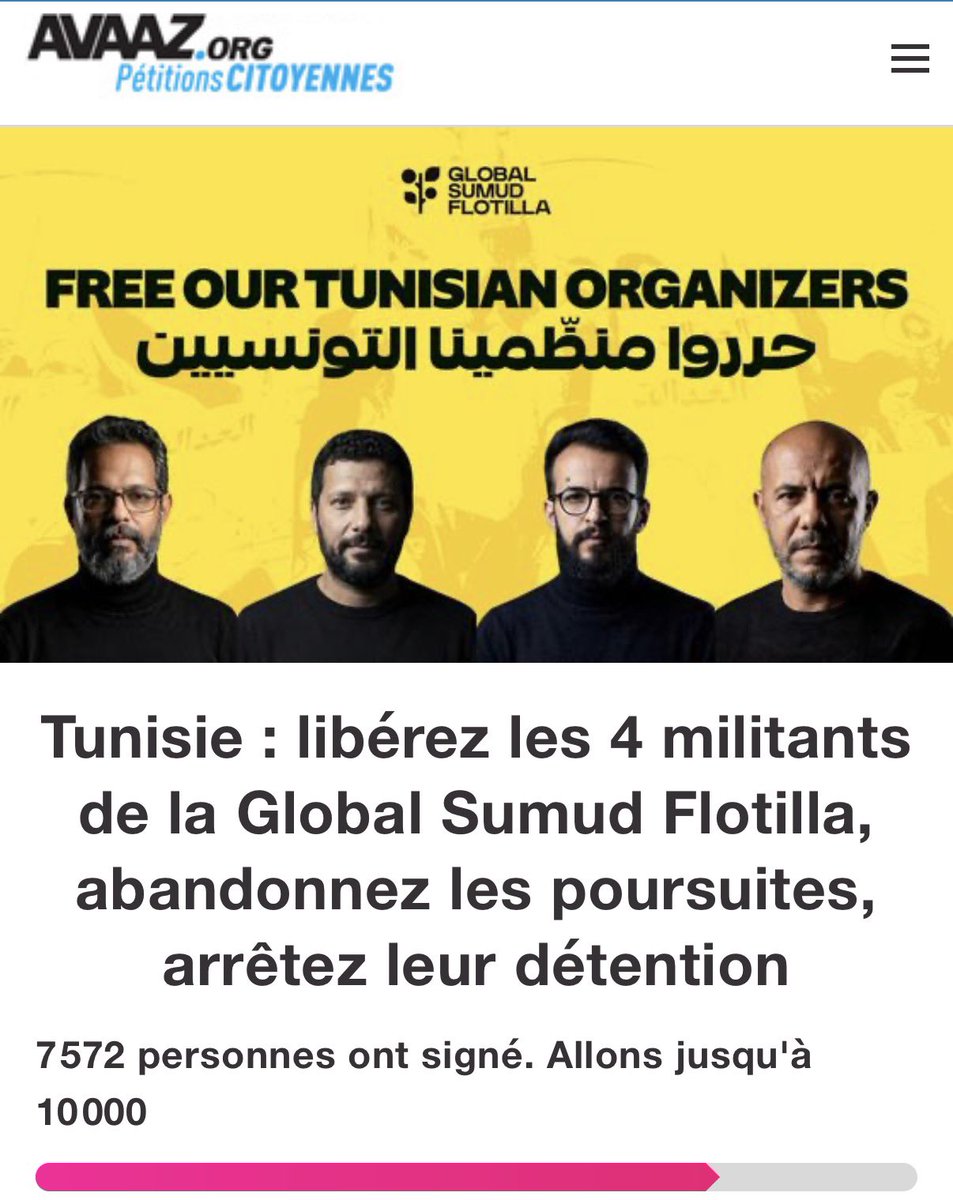 RimaHas's tweet photo. Pétition de soutien à signer et relayer 
https://t.co/9WsIzI5XJ3

“ 4 des organisateurs de la Global Sumud Flotilla sont toujours incarcérés dans une prison tunisienne, loin de leurs familles et du mouvement qu’ils ont participé à lancer. Wael Naouar, Nabil Chennoufi, Ghassen Henchiri et Ghassen Boughdiri ont organisé le convoi humanitaire Sumud vers Gaza et joué un rôle-clé dans la création de la Global Sumud Flotilla, et son lancement historique depuis le port de Sidi Bou Saïd l’an dernier.”