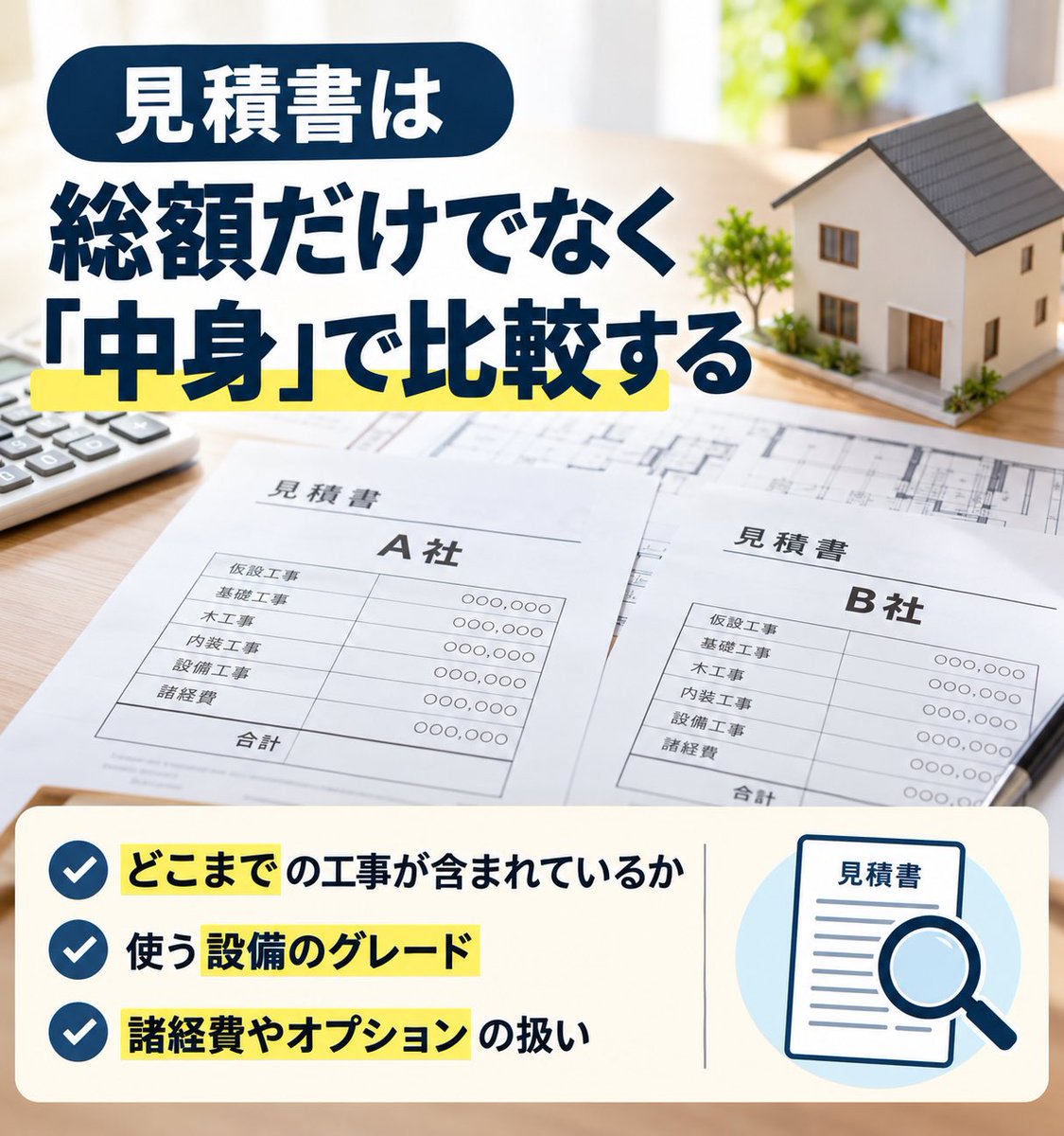 sumai_opinion's tweet photo. 住宅の見積書は「総額」だけで比較しない🏠

同じような金額でも、
・どこまでの工事が含まれるか
・設備のグレード
・諸経費やオプションの扱い
で中身は変わります。

営業の現場でも、比較するときは「金額」より先に「条件を揃える」ことを大切にしています。

#住宅購入 #見積書 https://t.co/nonBxpkZ1W