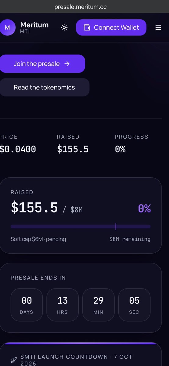 MeritumMTIcc's tweet photo. 13 HOURS REMAINING — MERITUM NETWORK PRESALE

The Meritum Network Presale is approaching its final hours.

This is the final opportunity to participate in the early contributor phase and become part of the 160,000 Early Creators who will participate in the Meritum Network ecosystem over the next 24 months.

The presale is not simply about raising capital. It is intended to provide the foundation required to build and scale Meritum Network, including:

• 25% of the hard cap allocated toward liquidity to support the launch of the $MTI spot market on Hyperliquid on October 7, 2026.
• Continued development of Meritum’s contribution-verification and Meritum Score Engine.
• Infrastructure, security, audits and ecosystem development.
• Creator onboarding and the systems required to support 160,000 early creators.
• Development of the on-chain infrastructure required to recognize and reward meaningful creator contribution.

To everyone who has already participated in the presale:

We sincerely welcome you onboard.

You are not simply joining a token launch. You are participating in the early development phase of an infrastructure layer designed to bring creator contribution on-chain.

⏳ 13 HOURS LEFT.

Presale: https://t.co/ZzscZh39I2

$MTI Spot Launch — October 7, 2026

#Meritum #MTI #CreatorEconomy #Hyperliquid #HyperEVM #Web3