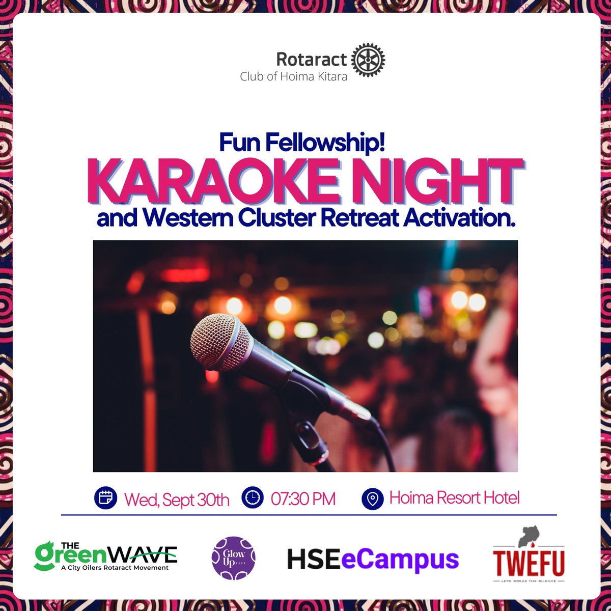 RotaractHoima's tweet photo. It’s time to turn up the energy,we invite you all today to a night of fun, fellowship, music, and great vibes at our Karaoke Night &amp; Western Cluster Retreat Activation.

Come ready to sing, connect, laugh, and fellowship with fellow Rotaractors.
#WeWantYouSafe #TheGreenWave https://t.co/JjZJ0m8szX