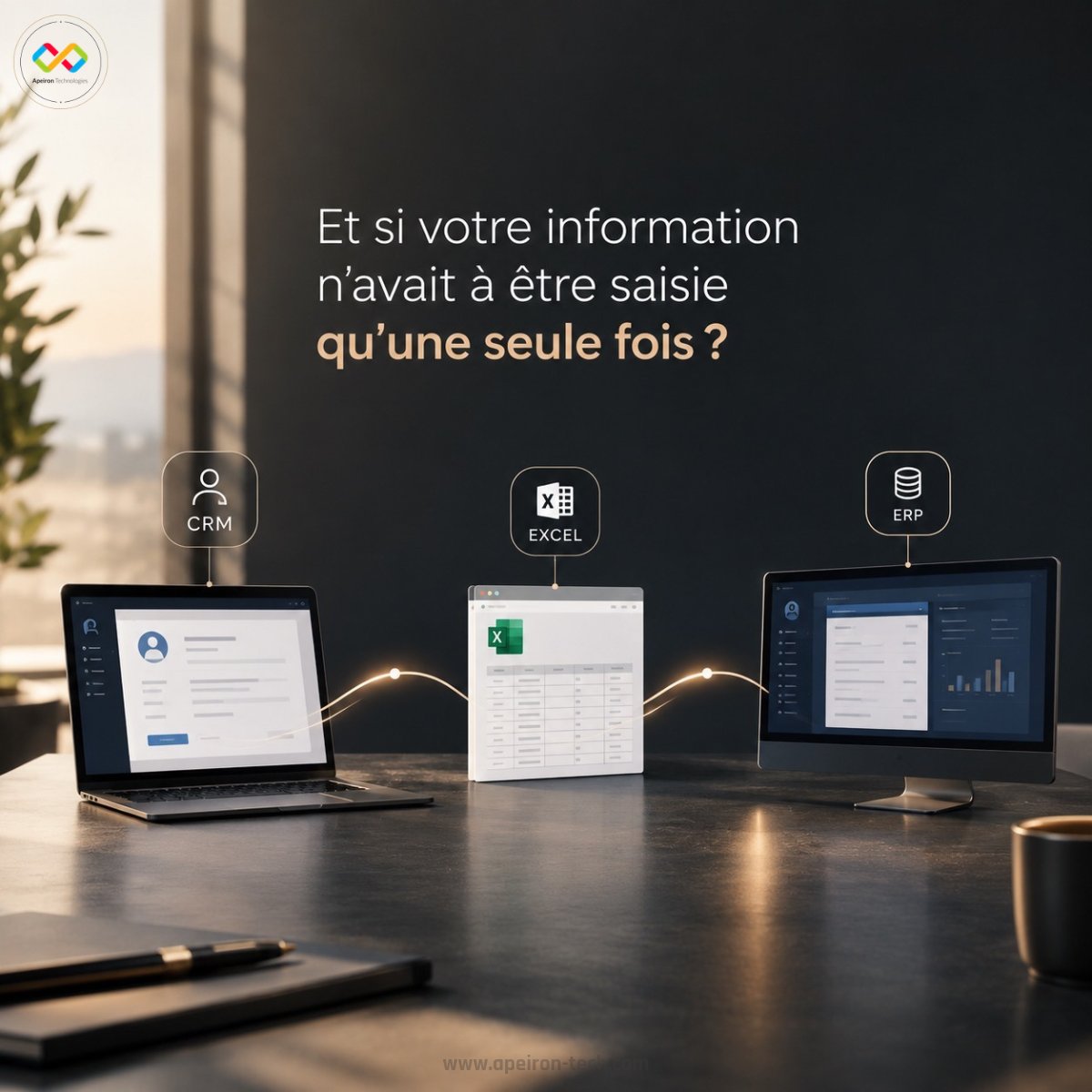 apeirontech's tweet photo. Une information saisie 3 fois n'est pas une procédure. C'est une dette opérationnelle.

CRM → Excel → ERP : à chaque ressaisie, du temps perdu et un risque d'erreur en plus.

Bien digitaliser, c'est faire circuler la bonne information, au bon endroit, une seule fois. https://t.co/7e8bDobSlu