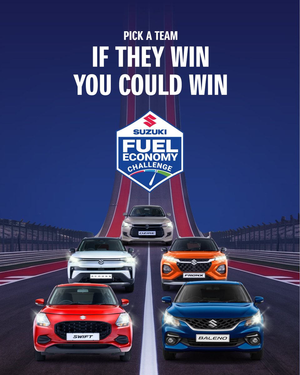Suzuki_ZA's tweet photo. Ready to win with us? ⛽ Five teams are competing to win in the Suzuki Fuel Economy Challenge, but instead of being first to cross the finish line, it’s the best fuel economy that counts. 😎

Comment with your guess of who will win the challenge: Team Swift, Team Fronx, Team Across, Team Dzire or Team Baleno. If you're correct, you could win one of two R2,500 fuel OR Takealot vouchers; your choice. 🎁

Entries close 17h00, 30 Sept 2026. T & Cs apply: https://t.co/UyFpSyf6zB #SuzukiSA #SuzukiSips