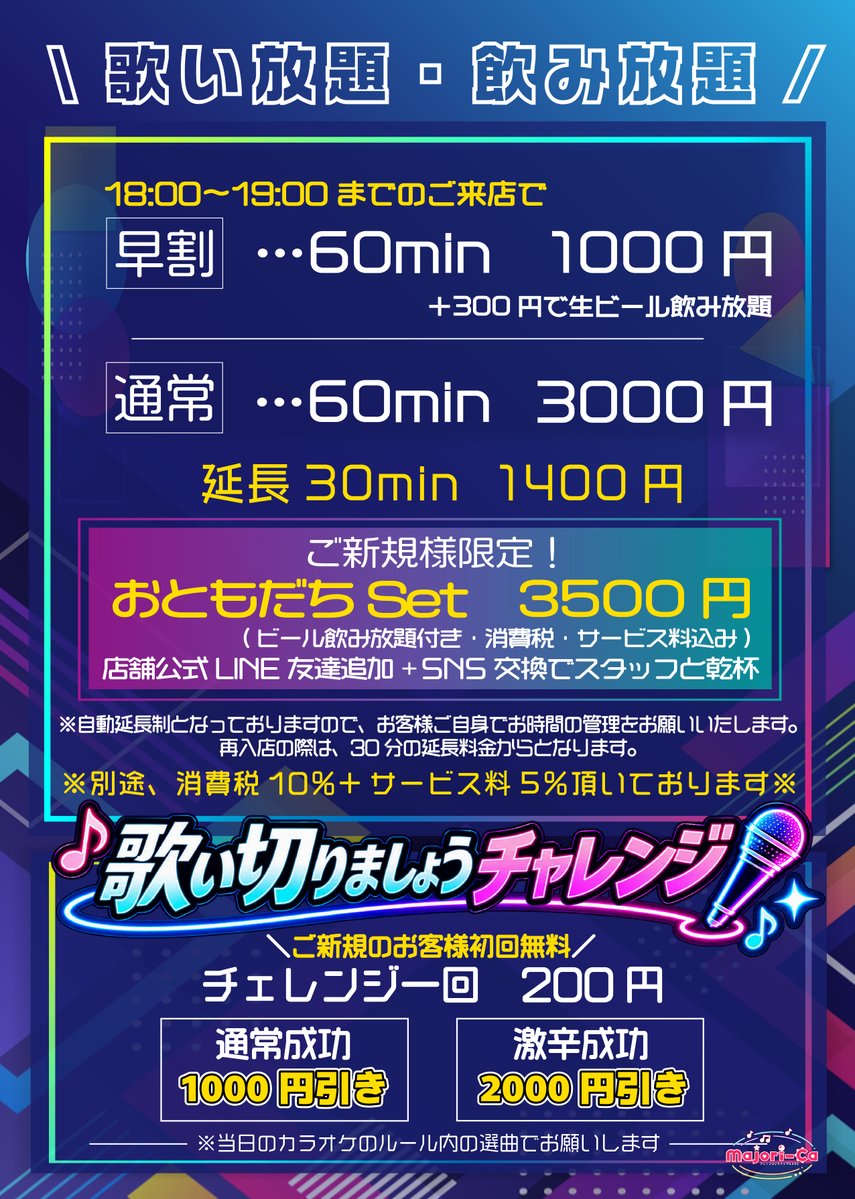 majori_ca's tweet photo. 【料金システム・メニュー変更のお知らせ】

いつもMajori-Caをご利用いただき、ありがとうございます！

この度Majori-Caでは、10月1日より
料金システム・メニュー内容を一部リニューアルいたします。

これからも皆さまに「マジョリカに来てよかった！」「また遊びに来たい！」と思っていただけるよう、より楽しい時間と空間をお届けできるお店づくりに努めてまいります。

変更後の料金・メニューにつきましては、画像をご確認ください🙇‍♀️

今後ともMajori-Caをよろしくお願いいたします！